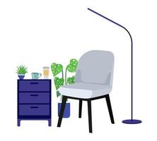 sala de estar local de trabalho para escritório em casa freelance com belo conjunto de móveis cadeira moderna estante lâmpada de chão isolada vetor