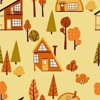 sem costura padrão com casas aconchegantes de floresta, árvores e arbustos. casas na floresta. padrão de outono. ilustração vetorial colorida. design para tecido, embalagem, papel, plano de fundo.