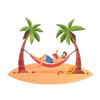jovem feliz relaxando na praia em uma rede sob as palmeiras. homem hipster deitado na rede na praia tropical. vetor