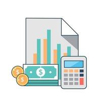 ilustração em vetor plana de relatório de calculadora, dinheiro e papel. adequado para elemento de design de ilustração de contabilidade e finanças.