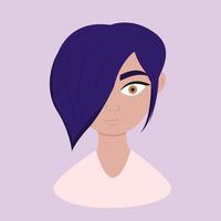 desenhos animados de retrato de raça diferente de mulher. linda garota americana com cabelo azul sobre fundo roxo. diversidade étnica e tolerância. ilustração vetorial em estilo cartoon plana. vetor