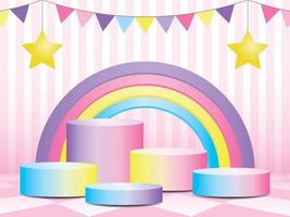 pódio de gradiente pastel bonito com pano de fundo arco-íris em linda cena rosa 3d ilustração vetorial. vetor