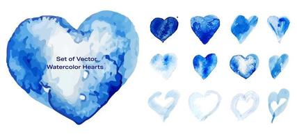 conjunto de corações decorativos em aquarela vetor em cores azuis