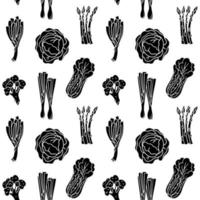 vetor silhuetas padrão preto e branco sem costura de verdes para salada de cebola, alho-poró, brócolis, aspargos, repolho, alface