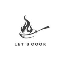 um design de logotipo sofisticado simples, mas divertido, exibindo uma panela com fogo onde cozinhar. vetor