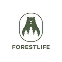 ilustração de modelo de vetor de urso de logotipo vintage e árvore de floresta