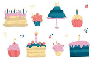 feliz feriado bolos assados com conjunto de vetores de velas. ícones de culinária festivos para decoração, aniversários, casamentos, aniversários. bolos doces, muffin, cupcake com creme