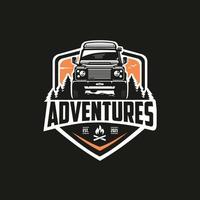 vetor de logotipo de emblema de carro de aventuras isolado no fundo preto. modelo de logotipo pronto para acampamento de montanha 4x4 de caminhão premium