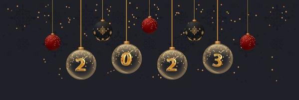 Banner de ano novo de 2023 em fundo escuro. panfleto de natal com bolas de vidro com números e glitter. modelo de design de cartão vetor