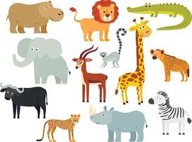 conjunto de animais africanos dos desenhos animados. uma girafa, um leão, um elefante, uma zebra, um hipopótamo, um lêmure, um búfalo, uma chita, um antílope, uma hiena. vetor