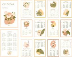 calendário 2023. calendário mensal minimalista com várias plantas. capa e 12 páginas mensais. semana começa no domingo, ilustração vetorial. páginas verticais. vetor