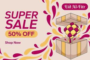 super venda eid mubarak banner ilustração vetorial. ketupat cartoon saindo de um presente vetor