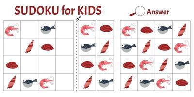 jogo sudoku para crianças com fotos de animais marinhos. ficha de atividades das crianças. estilo de desenho animado de ilustração vetorial