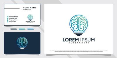 tecnologia de design de logotipo de cérebro inteligente com conceito de lâmpada e vetor premium de cartão de visita