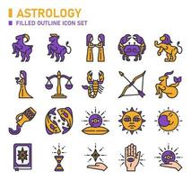conjunto de ícones de contorno cheio de astrologia. conjunto de ícones do Zodíaco. vetor