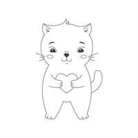 gato fofo segurando um coração, ilustração vetorial. gatinho engraçado no estilo doodle para impressão e design. elemento isolado no fundo branco. cartão de dia dos namorados, animal de estimação de personagem feliz vetor