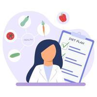 um nutricionista com um plano de dieta para um seminário de nutrição. comida saudável. vetor