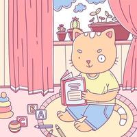 uma ilustração com um gatinho fofo lendo um livro no chão de uma sala. ilustração animal infantil. arte vetorial. vetor
