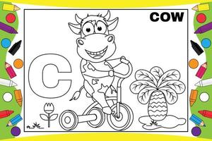 colorir desenhos animados de vaca com alfabeto para crianças vetor