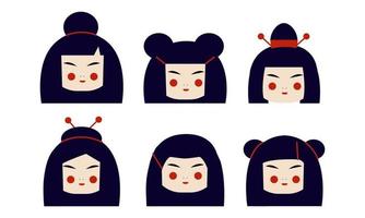 conjunto de cabeça de boneca kokeshi. brinquedo tradicional japonês. design de publicidade para cosméticos, sushi, rolos, etc. ilustração vetorial, estilo cartoon vetor