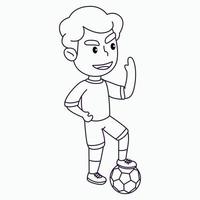 página para colorir menino bonito jogando futebol, menino feliz chutando a bola, ilustração vetorial de desenho animado vetor