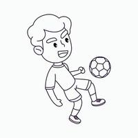 página para colorir menino bonito jogando futebol, menino feliz chutando a bola, ilustração vetorial de desenho animado vetor