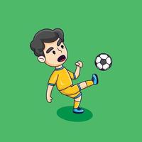 menino bonito jogando futebol, menino feliz chutando a bola, ilustração vetorial de desenho animado