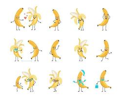 personagem de banana amarela com emoções felizes ou tristes, pânico, rosto amoroso ou corajoso, mãos e pernas. fruta alegre, pessoa exótica com máscara, óculos ou chapéu. ilustração vetorial plana