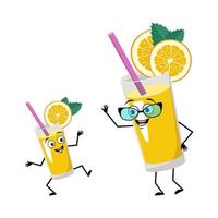 personagem de smoothie laranja com óculos e neto dançando com emoção feliz, olhos de sorriso, braços e pernas. bebida de vitamina saudável em expressão engraçada de vidro e pose. ilustração vetorial plana vetor