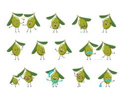 personagem verde-oliva com emoção feliz, rosto alegre, olhos de sorriso, braços e pernas. pessoa com expressão, emoticon de frutas. ilustração vetorial plana