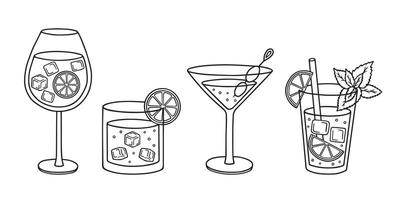 conjunto desenhado à mão de doodle de coquetéis exóticos tropicais. bebidas alcoólicas de verão no estilo de desenho. ilustração vetorial isolada no fundo branco. vetor