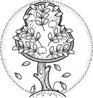 macieira decorativa com frutas em uma clareira. ilustração vetorial monocromática. livro de colorir vetor