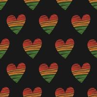 sem costura padrão com coração preto com listras texturizadas em cores tradicionais africanas - vermelho, amarelo, verde. fundo vetorial para o mês de junho, kwanzaa, história negra vetor