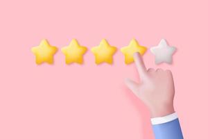 A mão 3d dá uma classificação de cinco estrelas para a melhor classificação de serviços excelentes para satisfação. 5 estrelas para o conceito de feedback de avaliação do cliente de qualidade do cliente sobre funcionário, revisão do produto. renderização de vetor 3D
