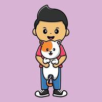 menino bonito, abraçando a ilustração de ícone de vetor dos desenhos animados de gato. pessoas animal ícone conceito isolado vetor premium.
