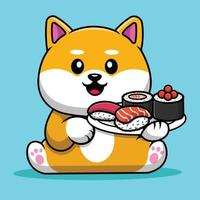 cão bonito shiba inu segurando a ilustração do ícone do sushi cartoon vector. conceito de ícone de comida animal isolado vetor premium.