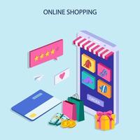 conceito isométrico de compras online. celular com sacolas de compras. vetor