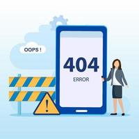 Tecnologia de sistema de manutenção de ilustração de erro 404. mostrando 404 mensagem de problema de conexão com a internet, vetor plano