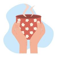ilustração de desenho vetorial de mãos segurando uma xícara vermelha com padrão de flores de chá quente ou café vetor
