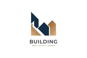 elegante design de logotipo imobiliário azul e dourado. logotipo de construção minimalista. arquitetura ou identidade de marca da indústria da construção vetor