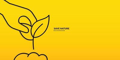 mão segurando a planta jovem sobre fundo amarelo, poluição e conceito de proteção ao meio ambiente. mudas crescem de árvore vetor