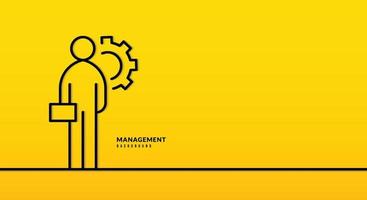 empresário de pé com o ícone de configuração em fundo amarelo. gerenciamento de projetos e conceito de processamento. planejamento e estratégia de negócios vetor
