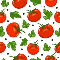 padrão sem emenda de vetor com tomate vermelho, salsa e pimenta preta sobre fundo branco. ilustração para embrulho, têxteis de cozinha ou papel de parede.