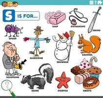 conjunto educacional de palavras da letra s com personagens de desenhos animados vetor