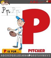 letra p do alfabeto com jogador de beisebol arremessador de desenho animado vetor