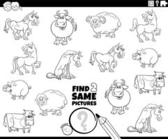 desenho de encontrar dois mesmos desenhos animados de animais de fazenda para colorir vetor