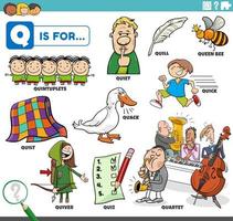 letra q palavras conjunto educacional com personagens de desenhos animados vetor
