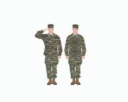 soldados masculinos vector o caráter das forças nacionais e o conceito do exército militar, um de pé outro saudando lembrar e honrar, ilustração vetorial eps.