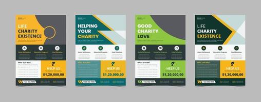pacote de modelo de design de folheto de caridade. exemplos de panfletos de caridade. modelo de cartaz de panfleto de angariação de fundos de caridade. design de folheto 4 em 1 pacote de modelo vetor