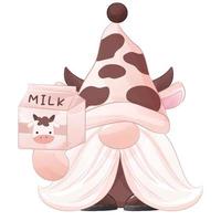 ilustração de gnomo de vaca e leite fofo vetor